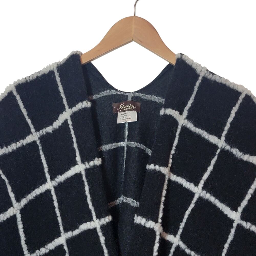 Iperico Black White Windowpane Check Wool Poncho One Size Italy Classic Cozy - Picture 4 of 11